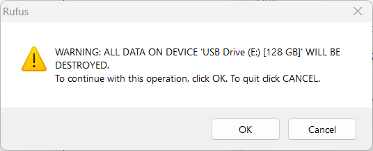 Rufus Bootable USB Drive Confirmation